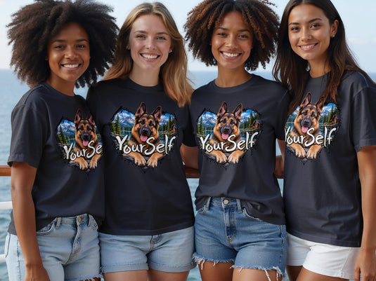 Four women model dark t-shirts with a heart-shaped German Shepherd graphic and 