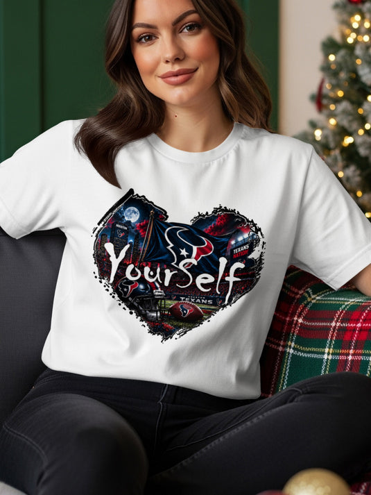 Houston Texans heart graphic with text "Yourself" and stadium imagery.