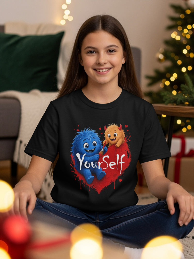 Load image into Gallery viewer, Black t-shirt with cartoon monsters painting "YourSelf" on a red heart.
