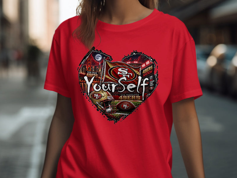 Load image into Gallery viewer, Red t-shirt with San Francisco 49ers heart graphic including stadium, helmet, and football.
