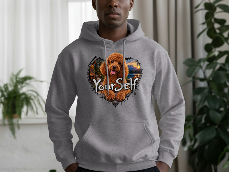 Load image into Gallery viewer, Gray hoodie with a heart-shaped graphic featuring a poodle and the text "YoursElf".
