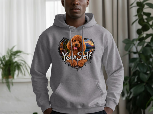 Gray hoodie with a heart-shaped graphic featuring a poodle and the text "YoursElf".
