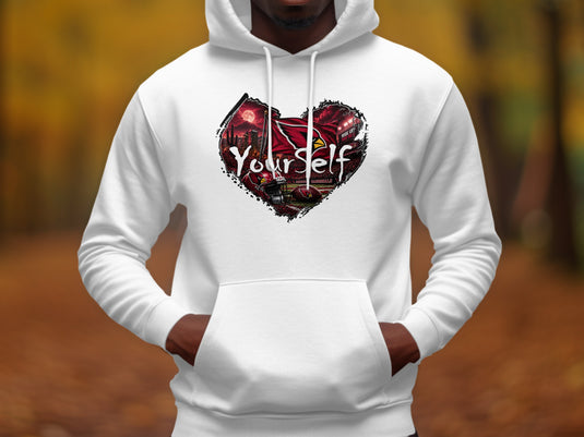 White hoodie with a heart-shaped graphic featuring the Arizona Cardinals logo, stadium, and text.