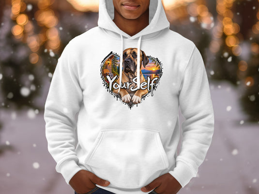 White hoodie with a heart graphic featuring a Great Dane and the text "Your Self".