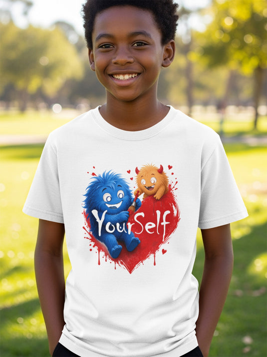White t-shirt with cartoon monsters painting "YourSelf" on a red heart.