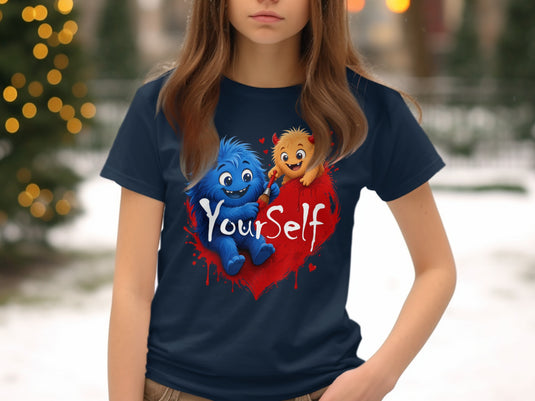 Two cute monsters on a red heart with text 