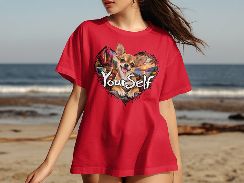 Load image into Gallery viewer, Red t-shirt with a heart design featuring a chihuahua and the text "Your Self".
