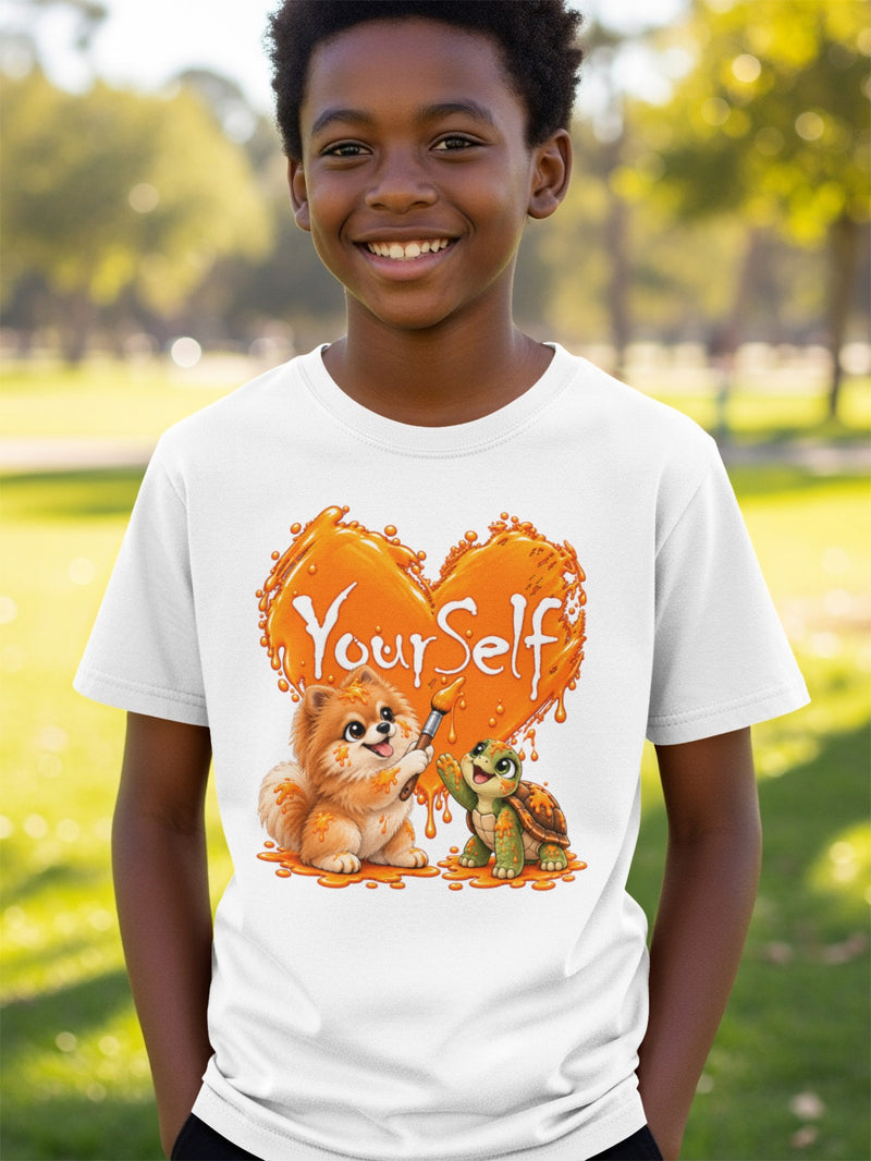 Load image into Gallery viewer, White t-shirt with orange heart graphic featuring a dog and turtle painting "YourSelf".
