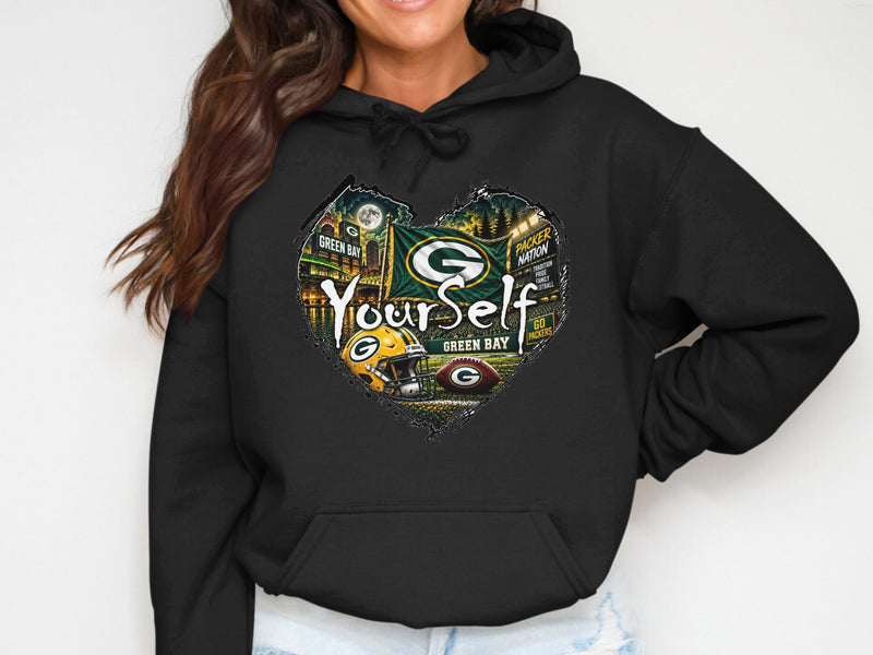 Load image into Gallery viewer, Green Bay Packers heart graphic with football, helmet, and stadium imagery.
