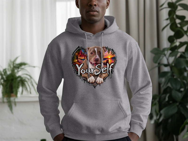 Load image into Gallery viewer, Grey hoodie with a heart graphic featuring a pit bull and the text "Your Self".

