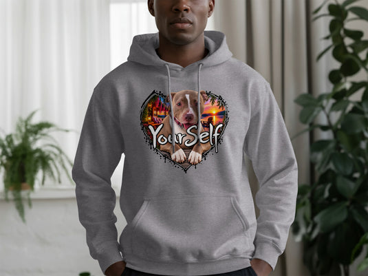 Grey hoodie with a heart graphic featuring a pit bull and the text "Your Self".