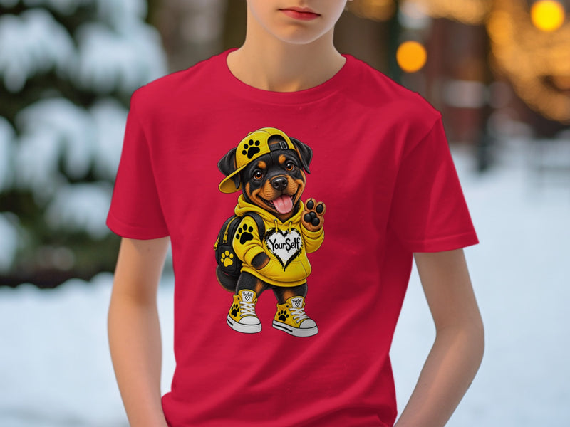 Load image into Gallery viewer, Red t-shirt with a Rottweiler puppy wearing a yellow hoodie, hat, backpack, and sneakers.
