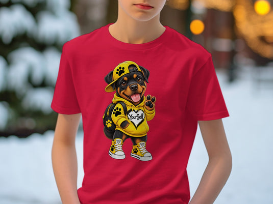 Red t-shirt with a Rottweiler puppy wearing a yellow hoodie, hat, backpack, and sneakers.