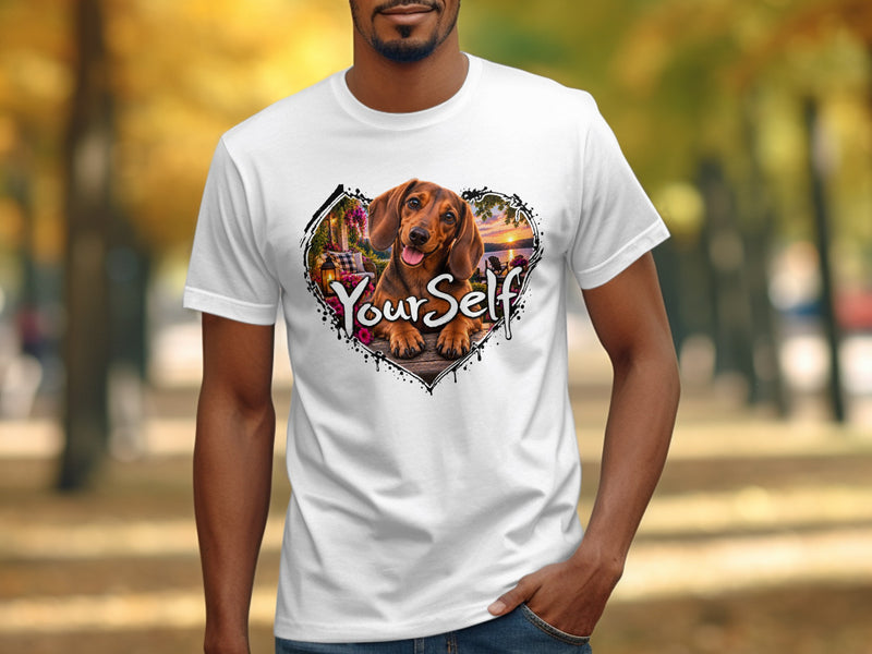 Load image into Gallery viewer, White t-shirt with a heart design featuring a dachshund and text "Yourself".
