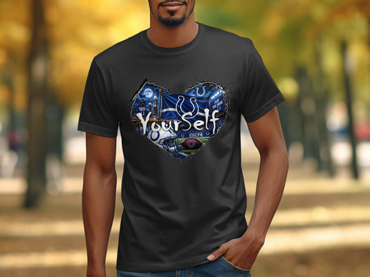 Indianapolis Colts graphic t-shirt with football helmet, ball, and cityscape.