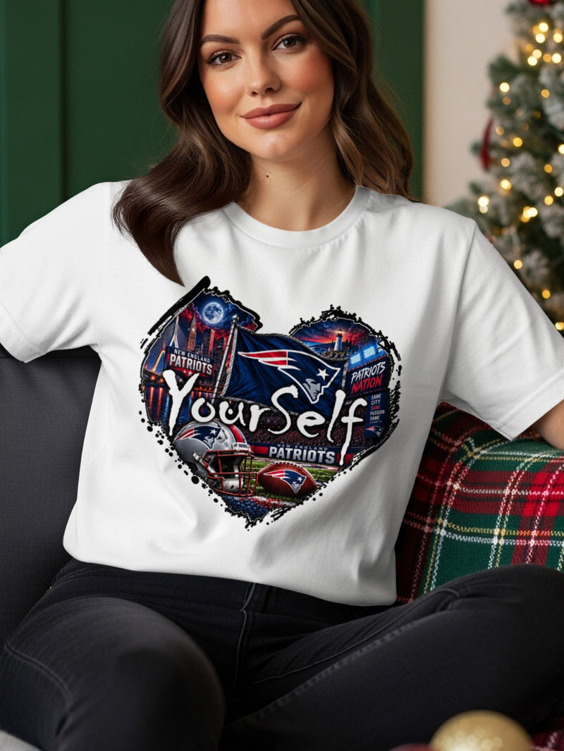 Load image into Gallery viewer, New England Patriots heart graphic with "Yourself" text, helmet, and football.

