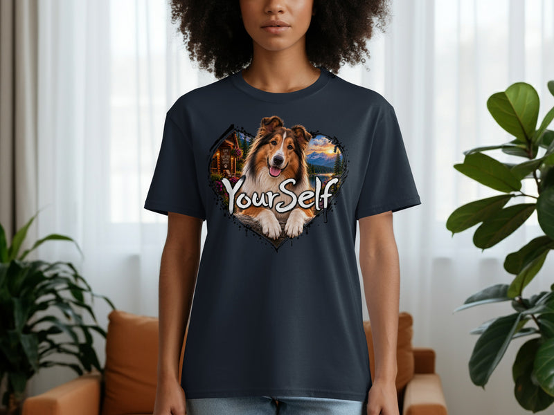 Load image into Gallery viewer, Dark blue t-shirt with a heart-shaped graphic featuring a Collie dog, cabin, and mountains.
