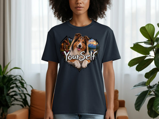 Dark blue t-shirt with a heart-shaped graphic featuring a Collie dog, cabin, and mountains.