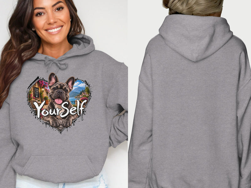Load image into Gallery viewer, Grey hoodie with a French bulldog in a heart-shaped scene and text "Your Self".
