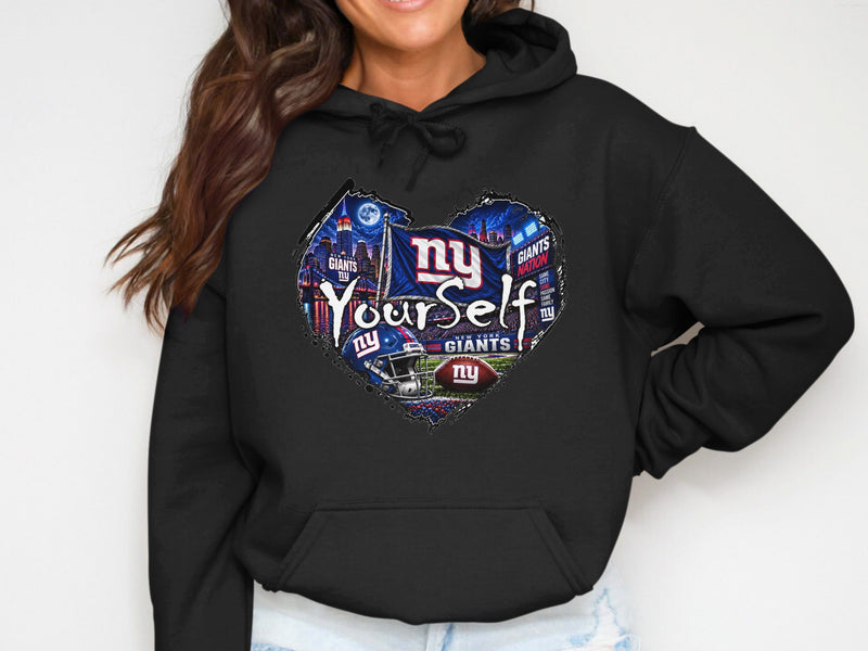 Load image into Gallery viewer, Heart-shaped New York Giants graphic with football, helmet, and city skyline.
