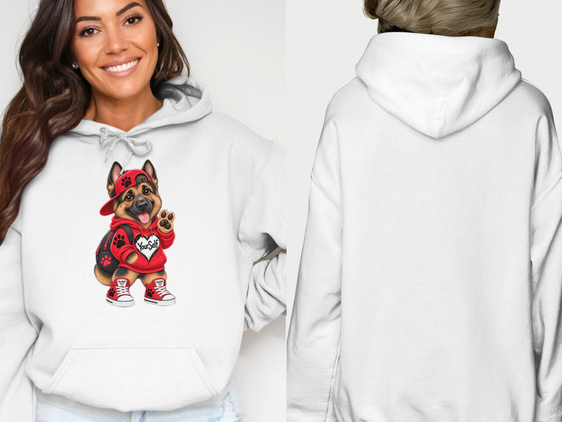 Load image into Gallery viewer, White hoodie with graphic of a German Shepherd dog wearing a red hat and hoodie.
