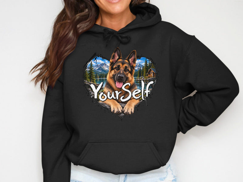 Load image into Gallery viewer, Black hoodie with German Shepherd graphic and "YourSelf" text within a heart shaped landscape.
