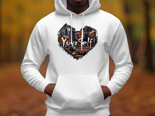 White hoodie with a heart-shaped graphic featuring Chicago skyline, Bears logo, and 