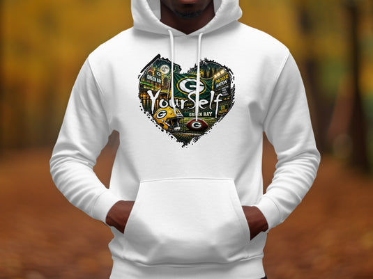 White hoodie with a heart-shaped Green Bay Packers graphic and the text 