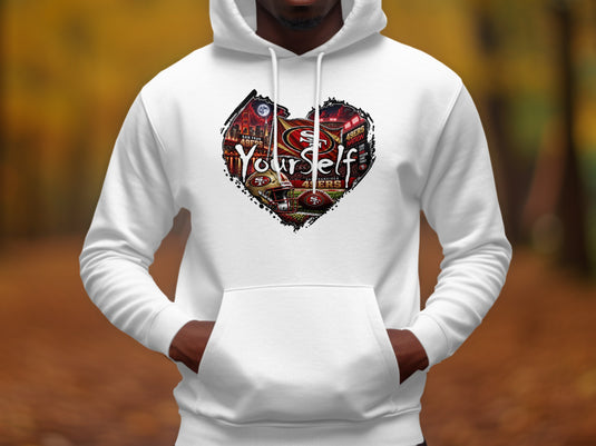 White hoodie featuring a heart-shaped graphic with San Francisco 49ers team elements and text.