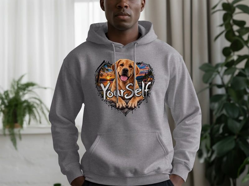 Load image into Gallery viewer, Grey hoodie with a heart-shaped graphic of a Labrador and a sunset scene, text reads "Your Self."
