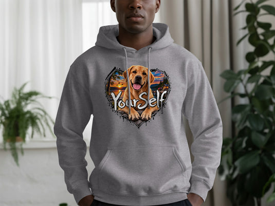 Grey hoodie with a heart-shaped graphic of a Labrador and a sunset scene, text reads "Your Self."