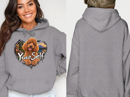Grey hoodie with a poodle graphic and the words "Your Self."