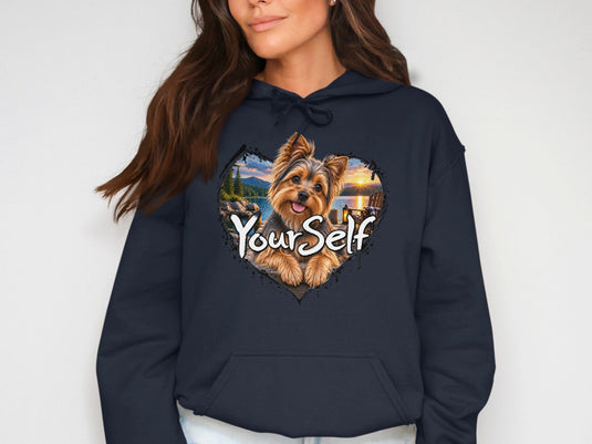 Yorkshire Terrier inside a heart shape with sunset lake scene and text "YourSelf".