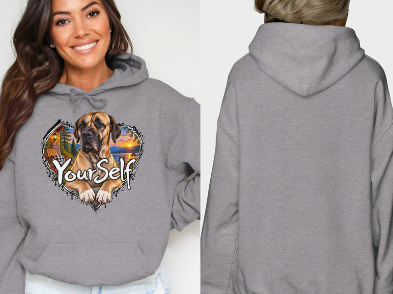 Load image into Gallery viewer, Grey hoodie with a graphic of a dog inside a heart and the text "Yourself".
