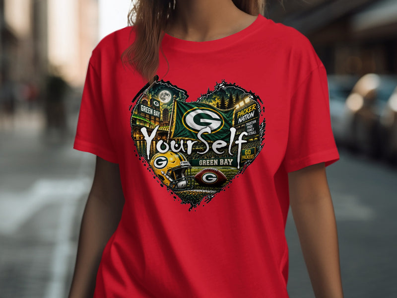 Load image into Gallery viewer, Red t-shirt with Green Bay Packers heart graphic and text "Your Self".
