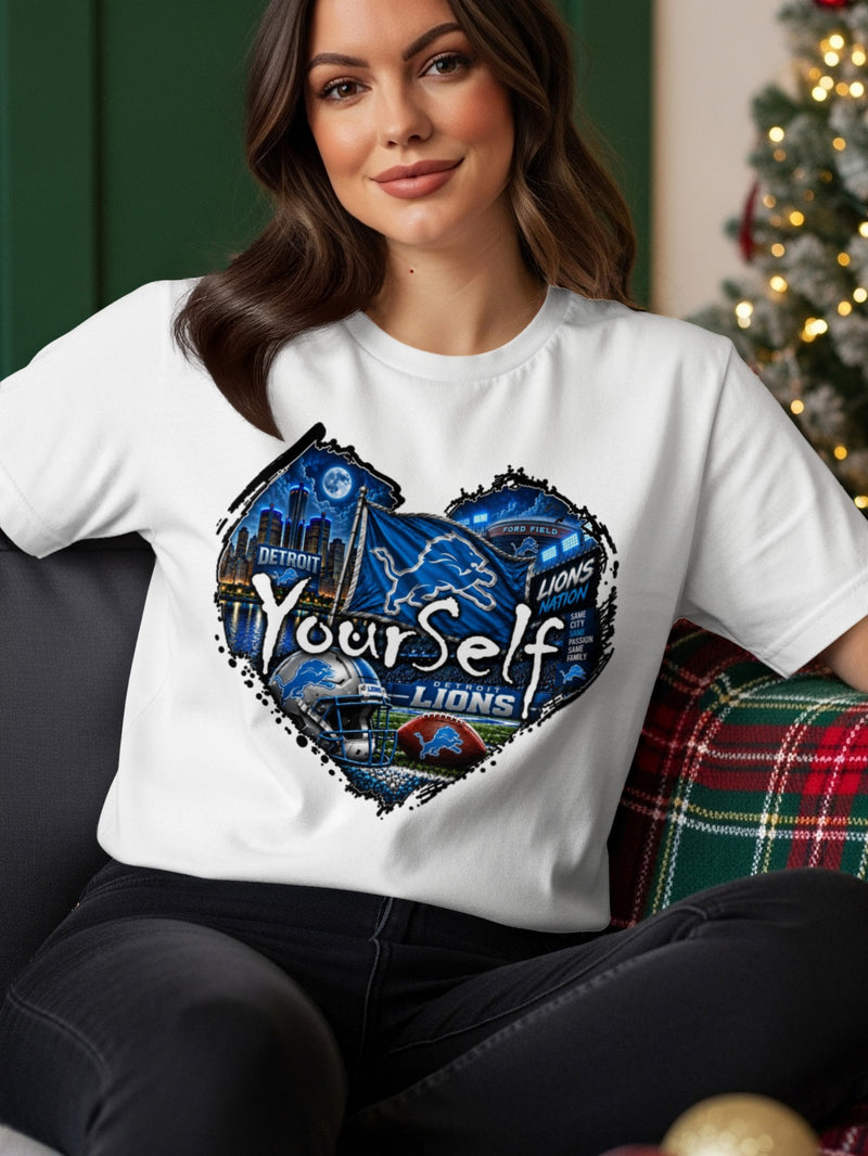 Load image into Gallery viewer, White t-shirt with a heart-shaped Detroit Lions graphic and the text "Yourself."
