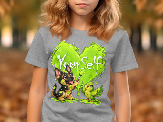 German Shepherd puppy and bird painting green heart with "Your Self".