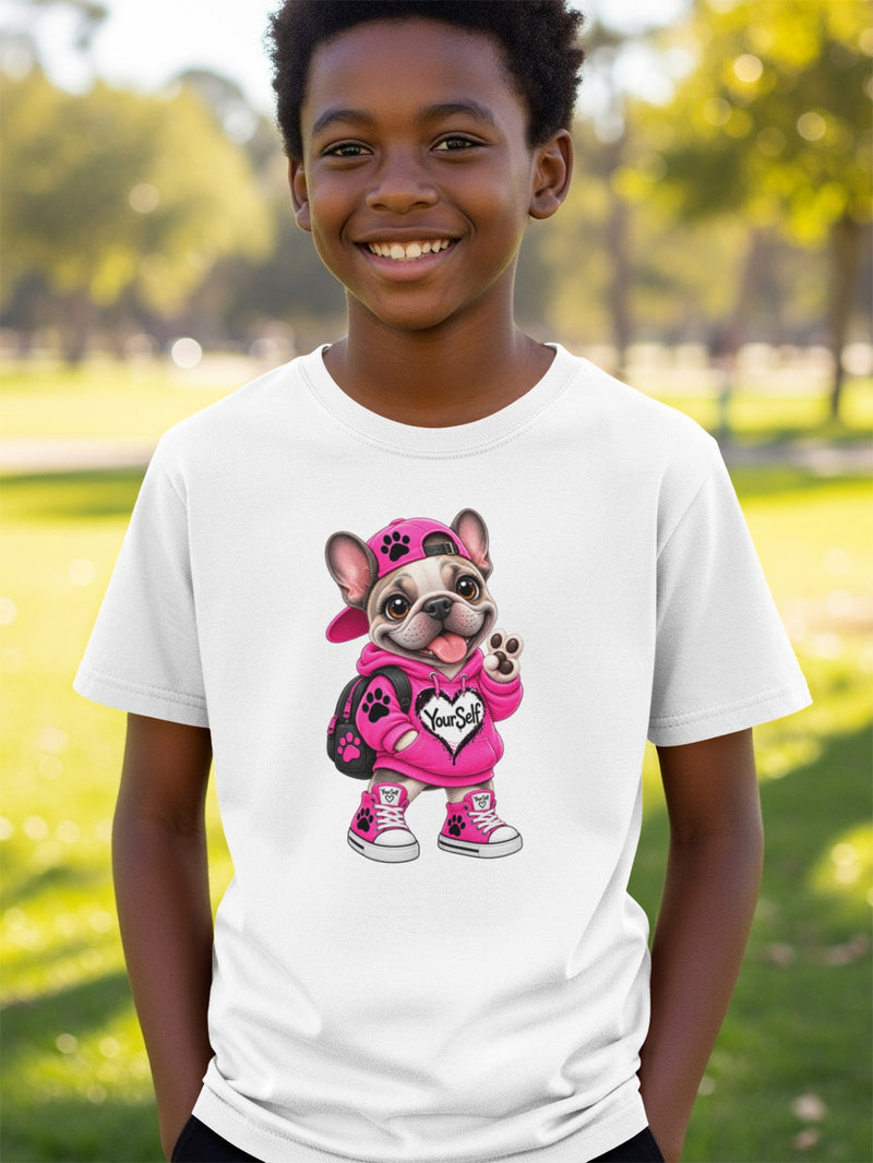 Load image into Gallery viewer, White t-shirt with cartoon French bulldog graphic wearing pink hoodie, hat, and sneakers.
