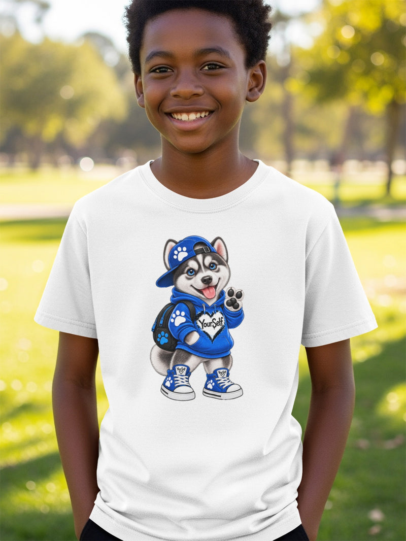 Load image into Gallery viewer, White t-shirt with a cartoon husky wearing a blue hoodie and hat, holding a backpack.
