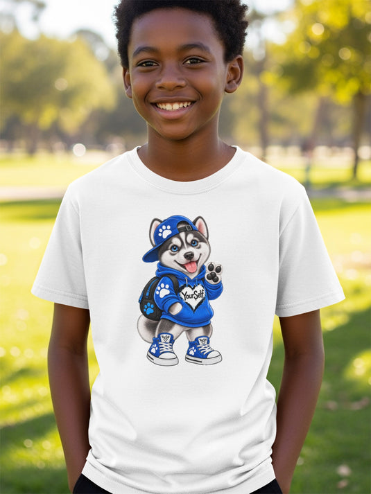White t-shirt with a cartoon husky wearing a blue hoodie and hat, holding a backpack.