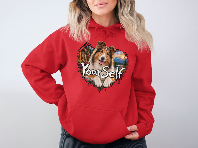 Load image into Gallery viewer, Red hoodie with heart graphic featuring a dog, mountains, and "Your Self" text.
