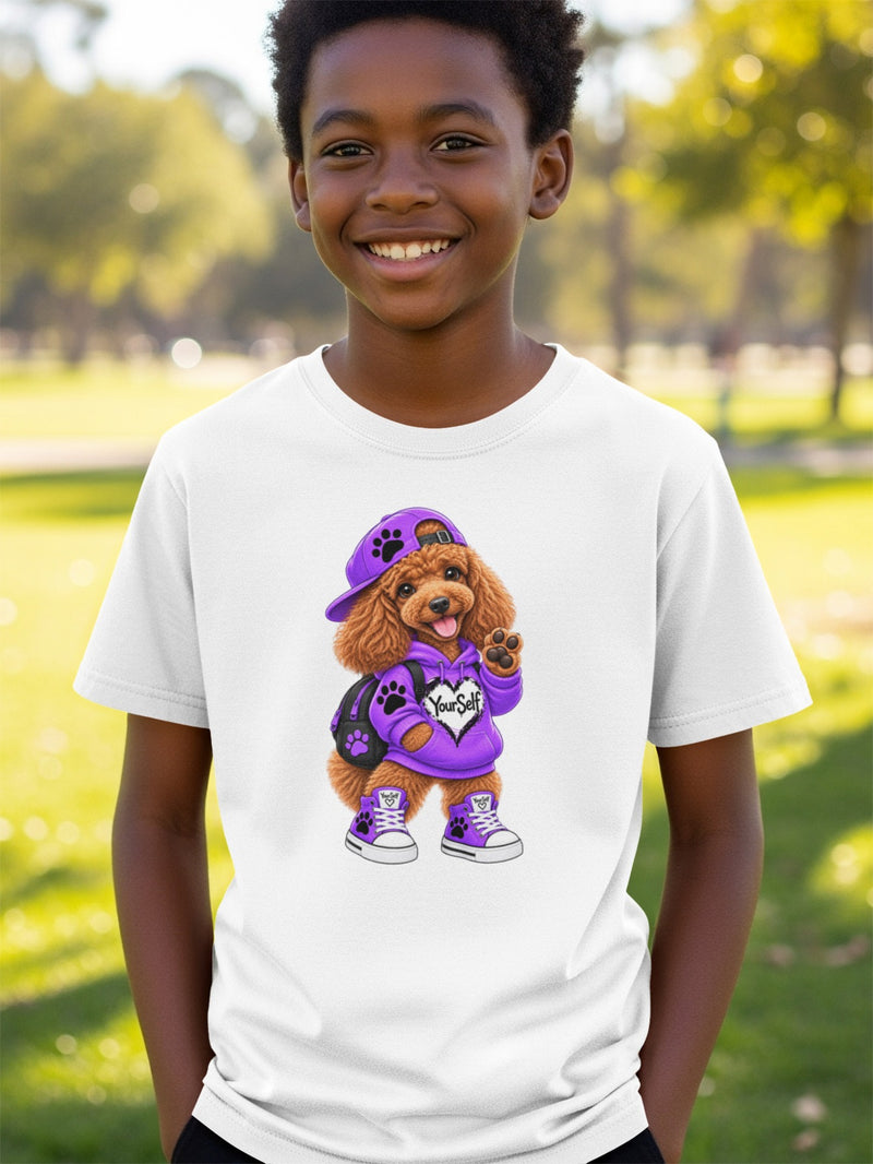 Load image into Gallery viewer, White t-shirt with a poodle wearing a purple hoodie, cap, and sneakers.
