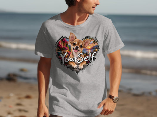 Grey t-shirt with a heart design featuring a happy chihuahua and the text "YourSelf".