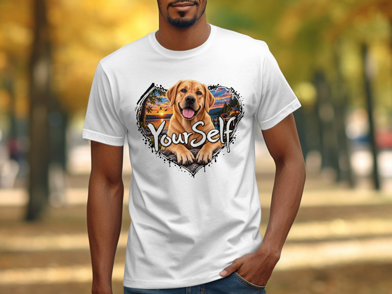 Load image into Gallery viewer, White t-shirt with heart graphic featuring a happy dog and sunset landscape, text "Your Self".
