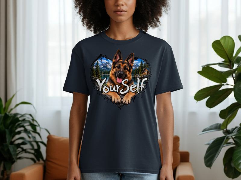 Load image into Gallery viewer, German Shepherd dog art design with mountains, lake, cabin, and text "YourSelf".
