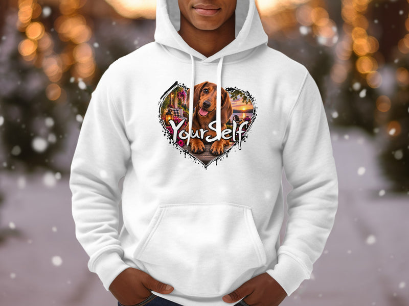 Load image into Gallery viewer, White hoodie with a heart-shaped graphic of a dachshund and text reading "Your Self".
