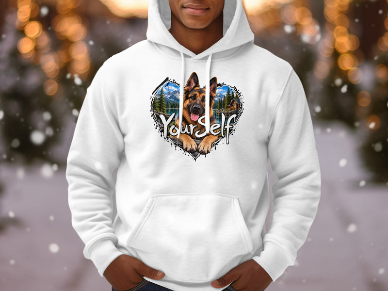 Load image into Gallery viewer, White hoodie with German Shepherd design inside a heart with mountains and lake.

