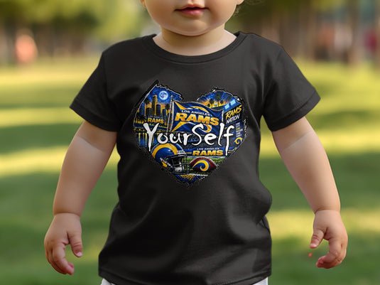 Black t-shirt with Los Angeles Rams heart graphic and 