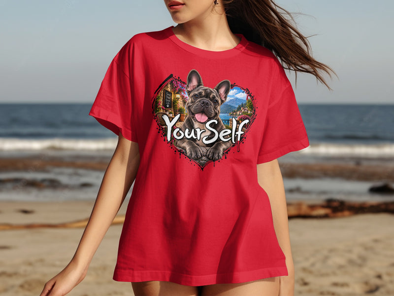 Load image into Gallery viewer, Red t-shirt with French bulldog and "Your Self" text in heart shape.
