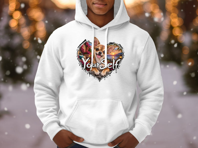 Load image into Gallery viewer, White hoodie with a heart graphic featuring a smiling chihuahua and "YourSelf" text.
